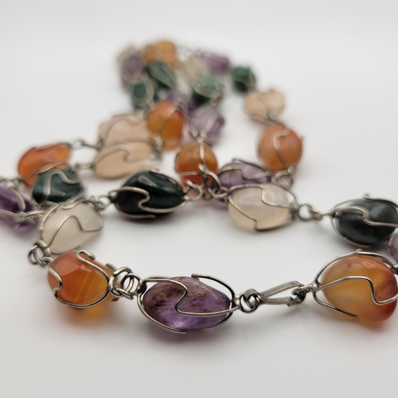 Unsigned Jewelry - VTG Long Caged Freeform Polished Semi-Precious Gemstones Link Necklace Big Heavy